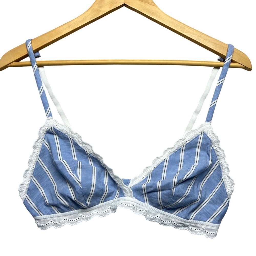 Auden Womens Blue White Striped Woven Triangle Bralette Eyelet Lace Trim Size M